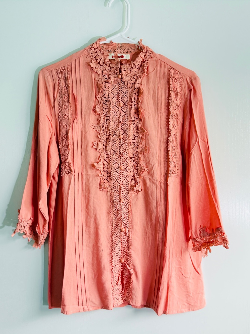 Mazik Light Coral Lace-Front Women's Pleated Blouse Mock Neck NWOT Cottagecore